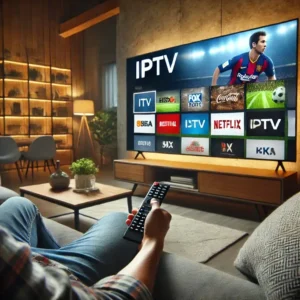 meilleur iptv au québec. Personne regardant de l'IPTV sur un grand écran avec des sports, des films et des chaînes de télévision affichés en haute définition.