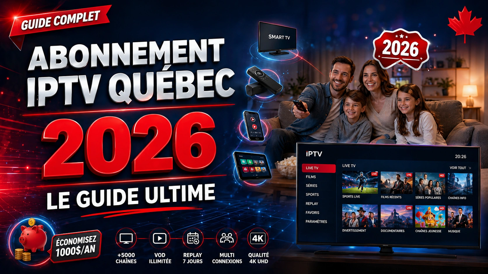 Abonnement IPTV Québec 2026 — guide ultime pour familles canadiennes avec 5000 chaînes, VOD illimitée, 4K UHD et économies de 1000$/an