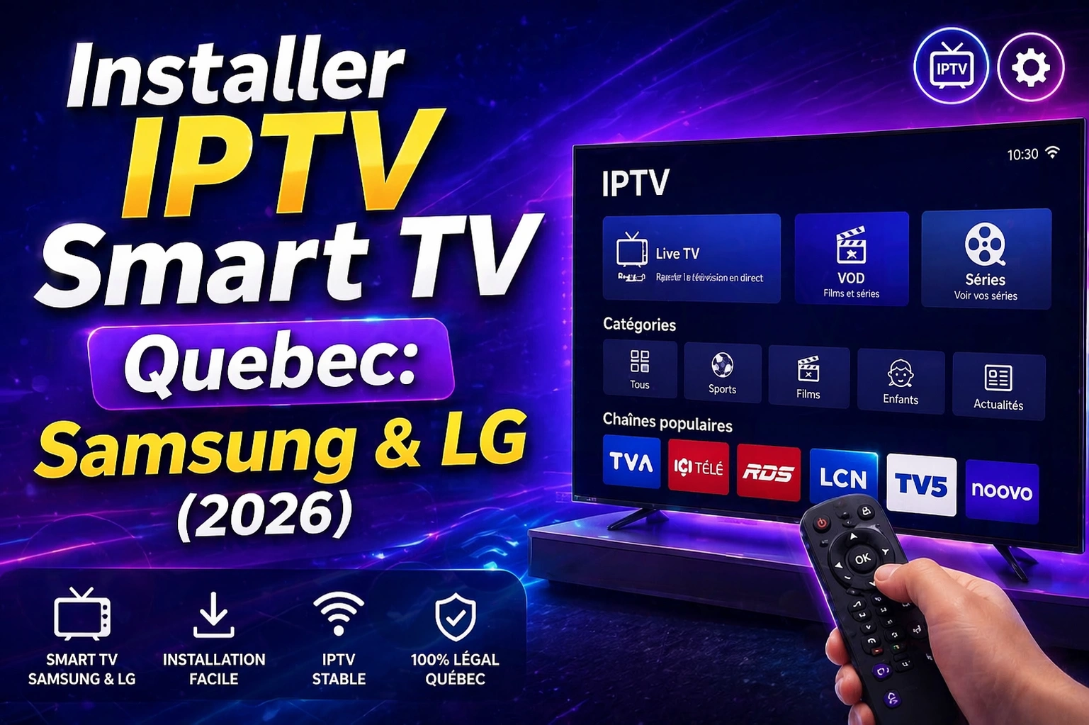 Installer IPTV Smart TV Quebec Samsung et LG — interface IPTV avec chaînes TVA, RDS, Noovo, ICI Télé en HD 2026
