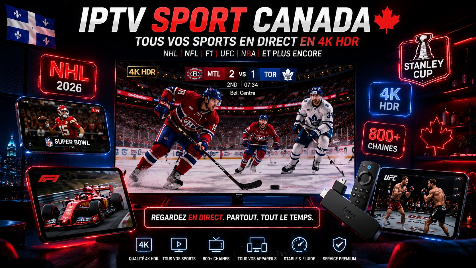 IPTV Sport Canada 2026 - Regarder NHL Canadien Montreal NFL F1 UFC en direct 4K HDR streaming chaînes sport premium Québec