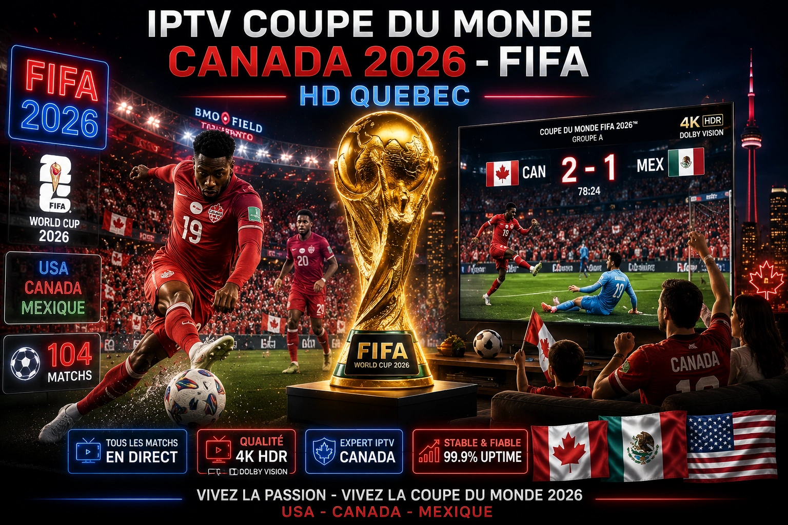 IPTV Coupe du Monde Canada 2026 - FIFA Mondial USA Canada Mexique 104 matchs Alphonso Davies Jonathan David 4K HDR Dolby Vision RDS TSN