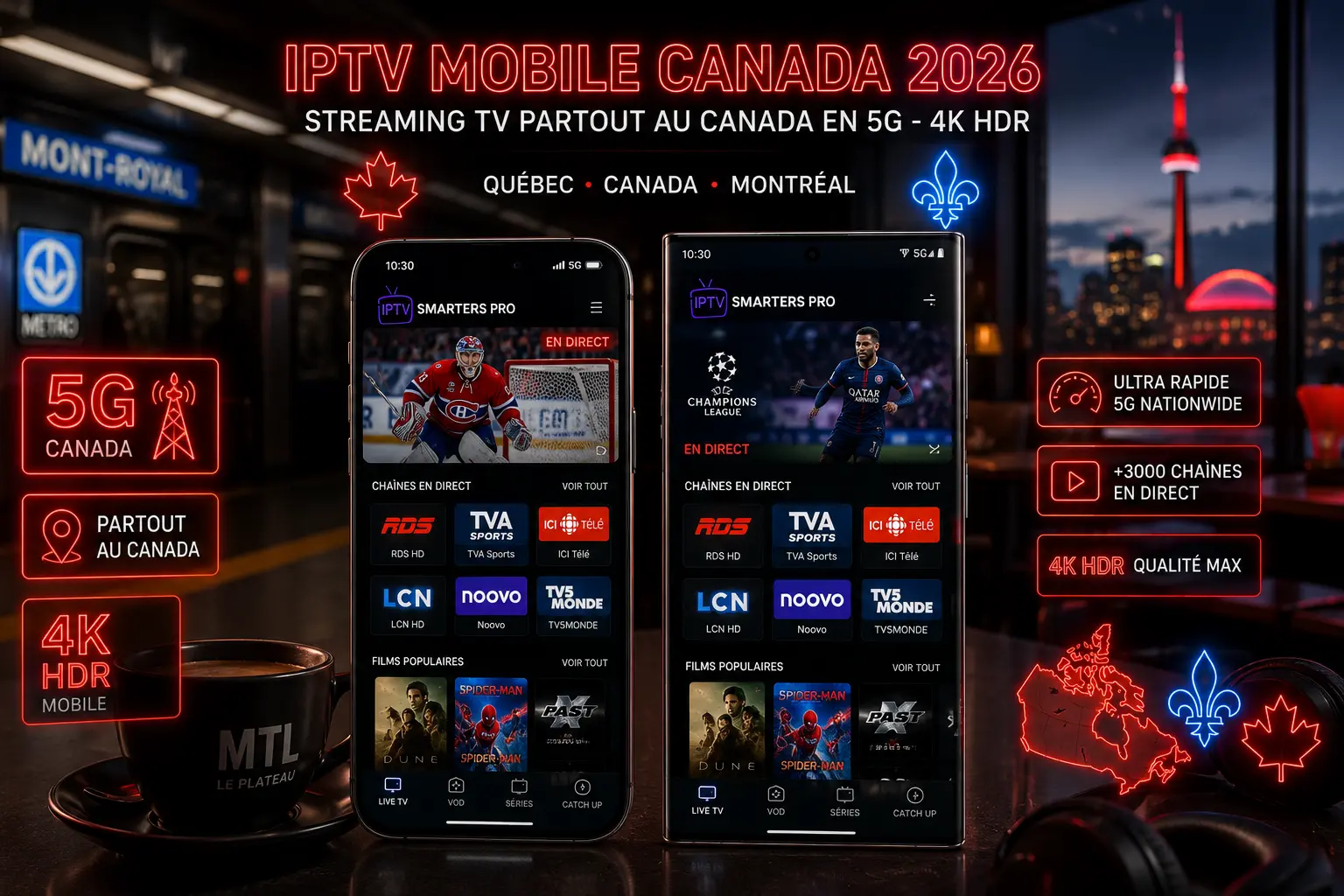 IPTV Mobile Canada 2026 - iPhone 16 Pro Max Samsung Galaxy S25 Ultra Smarters Pro streaming 5G 4K HDR application mobile Québec