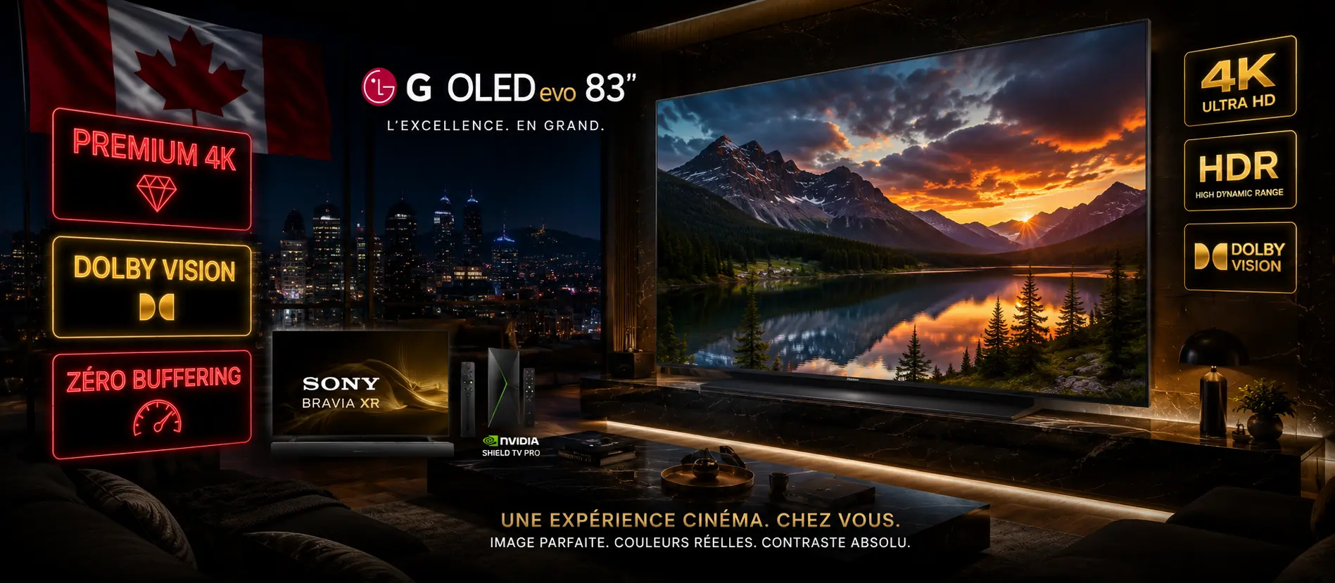 IPTV Premium 4K Canada 2026 - Service haut de gamme Dolby Vision HDR LG OLED Sony Bravia 15000 chaînes 50000 VOD zéro buffering support 24/7