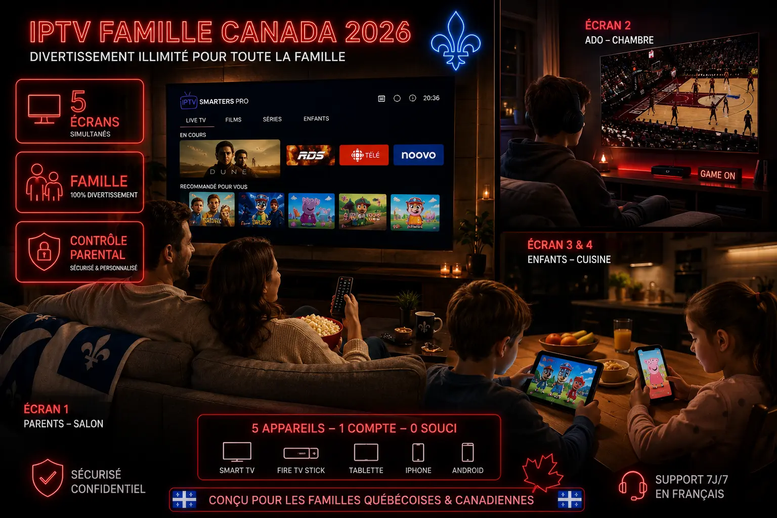 IPTV Famille Canada 2026 - 5 écrans simultanés contrôle parental Smart TV Firestick iPad iPhone famille québécoise multi-écrans 4K