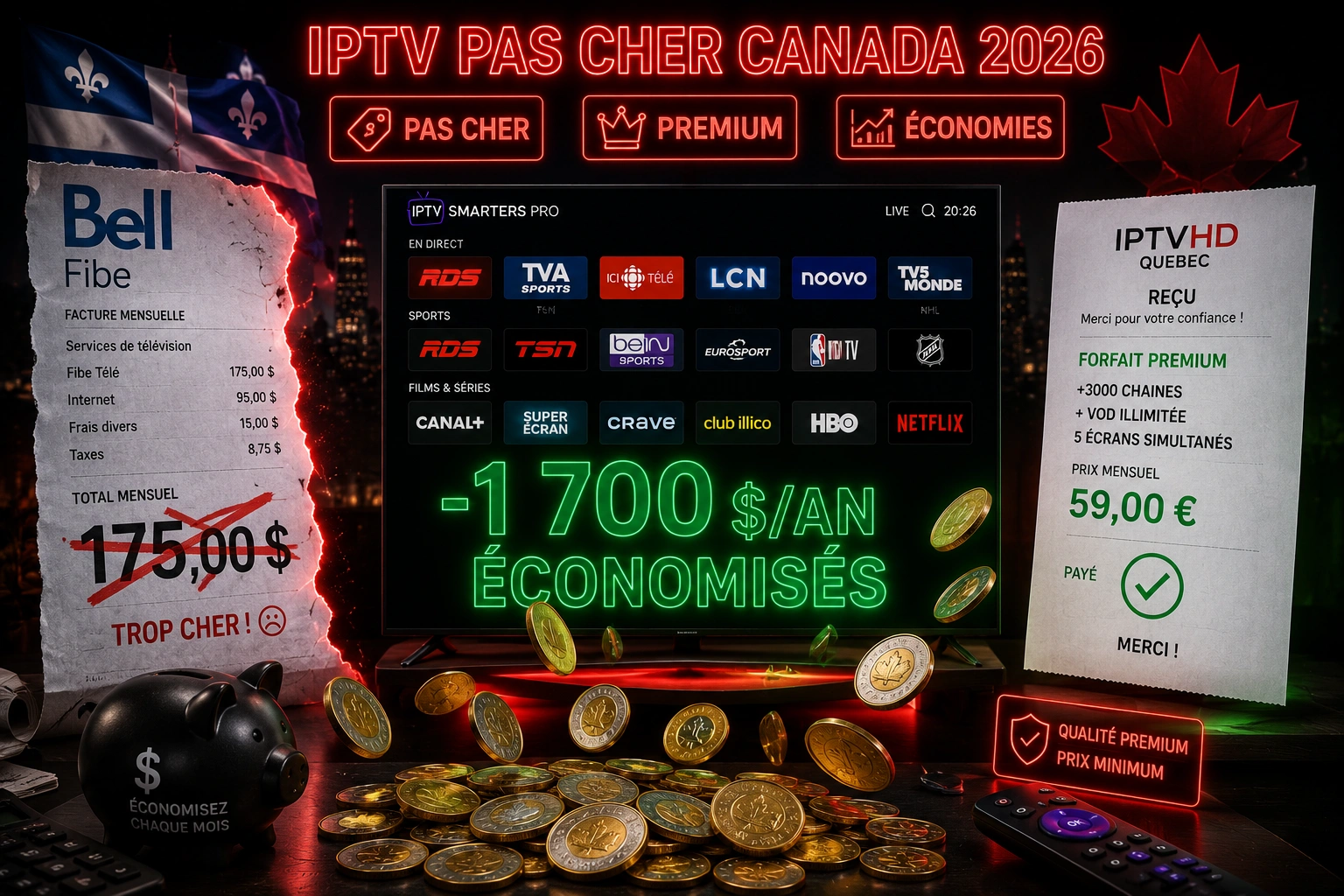 IPTV Pas Cher Canada 2026 - Forfait 59 euros 15 mois économie 1700$ vs Bell Vidéotron 15 000 chaînes 4K HDR rapport qualité-prix