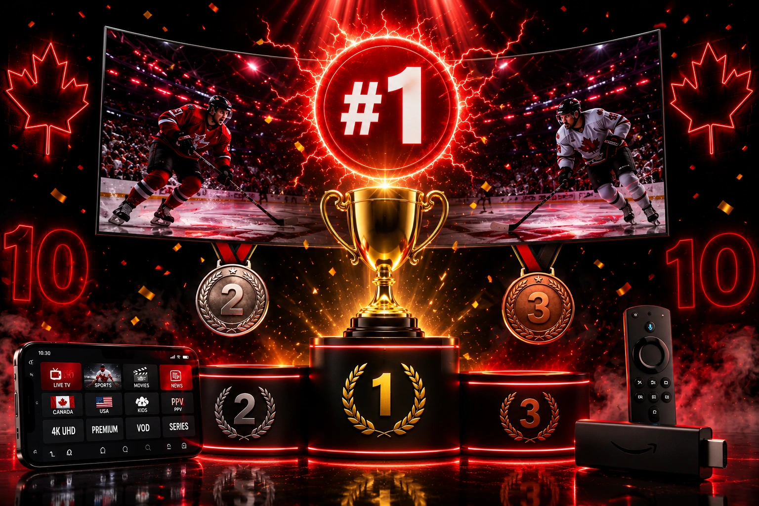 IPTV Canada 2026 - Top 10 classement ultime des meilleurs services avec podium trophée d'or, hockey 4K, Fire TV Stick et application IPTV Smarters