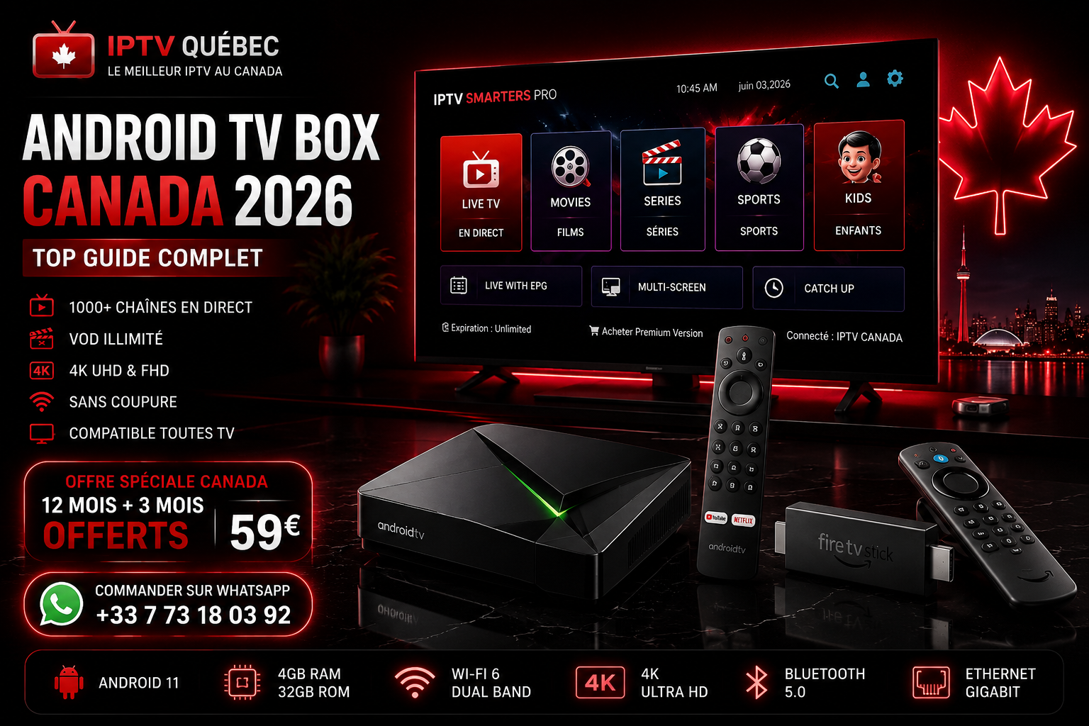 IPTV Android TV Box Canada 2026 avec streaming 4K UHD, Android Box premium style Nvidia Shield, interface IPTV et Fire TV Stick