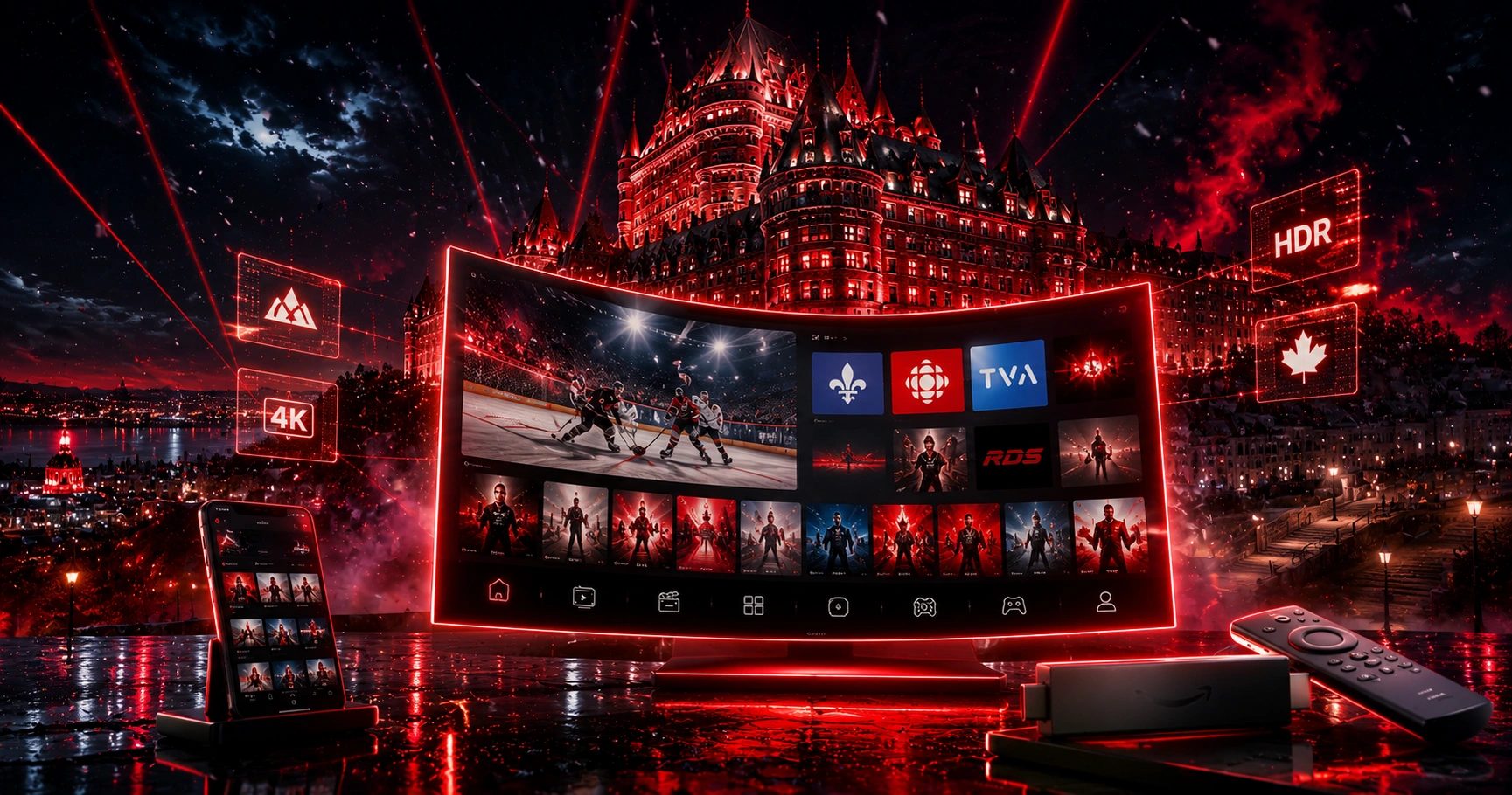 IPTV Québec Ville 2026 - Service premium ultime pour la Capitale-Nationale avec Château Frontenac illuminé en rouge et écran 4K UHD Smart TV