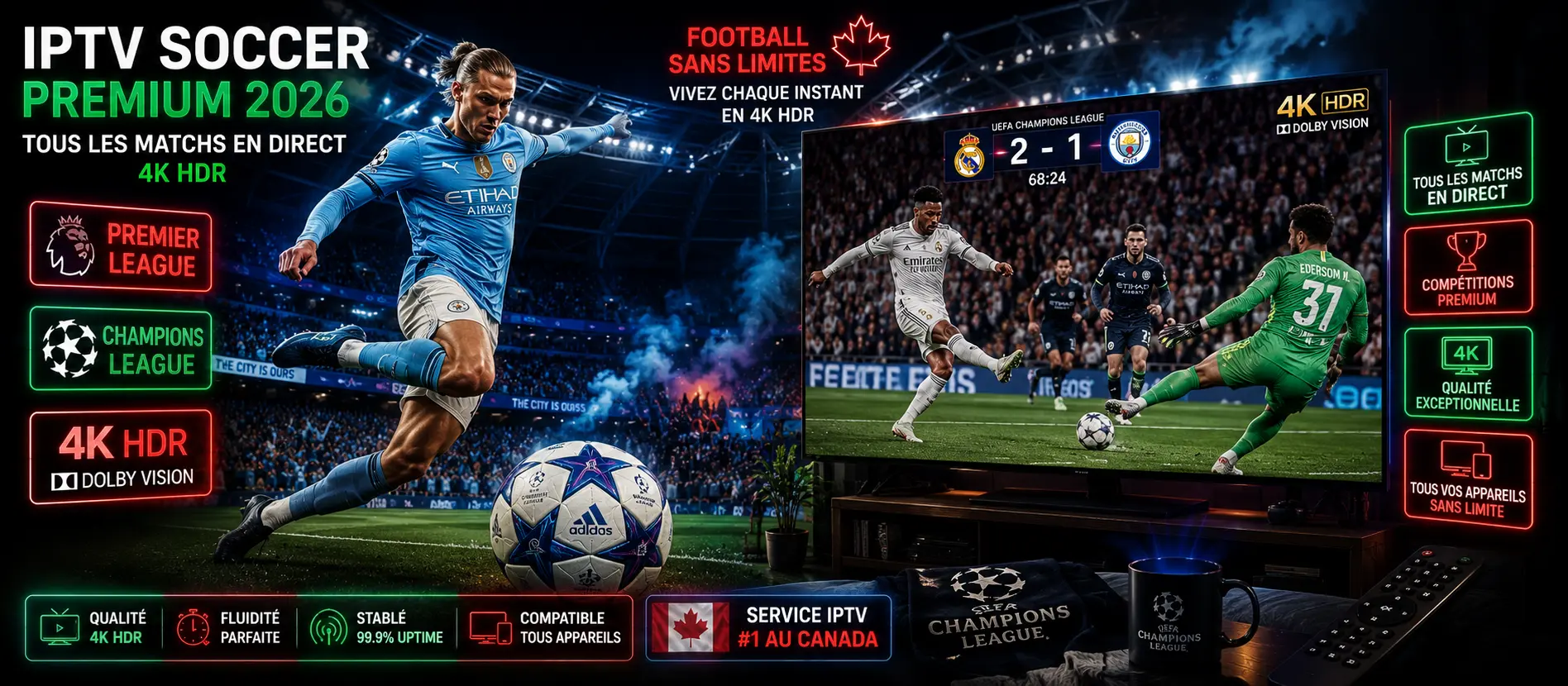 IPTV Soccer Premium 2026 avec match Champions League en 4K HDR Dolby Vision sur téléviseur LG OLED et stade européen rempli de supporters