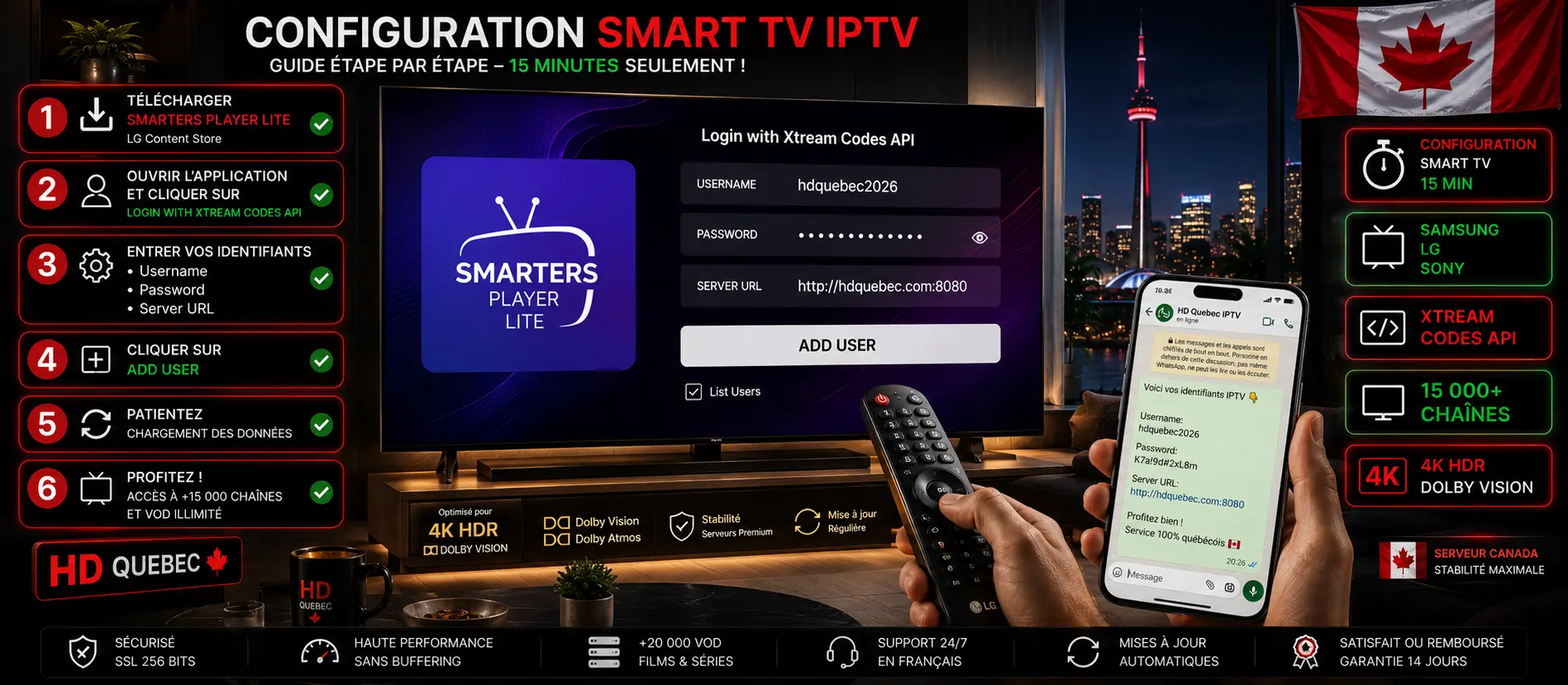 IPTV Configuration Smart TV Canada 2026 - Guide installation Samsung LG Sony Smarters Player Lite Xtream Codes API étapes 15 minutes 4K HDR