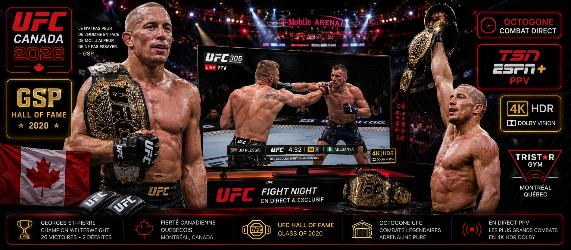 IPTV UFC Canada 2026 - MMA octogone combat Georges St-Pierre GSP Hall of Fame UFC 305 PPV TSN ESPN+ Tristar Gym Montréal québécois 4K HDR