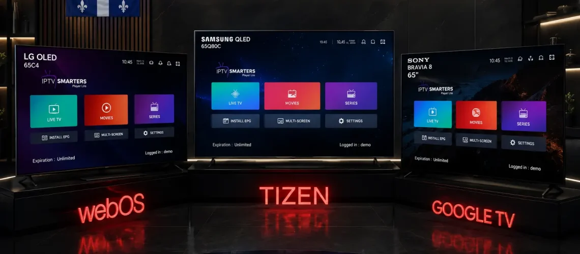 IPTV Smart TV Canada 2026 - Configuration Samsung Tizen LG webOS Sony Google TV Hisense TCL chaînes premium 4K HDR streaming Québec