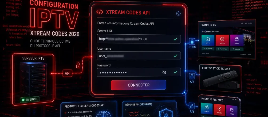 Configuration IPTV Xtream Codes 2026 - Guide API technique username password URL serveur Smarters Pro installation tous appareils Canada