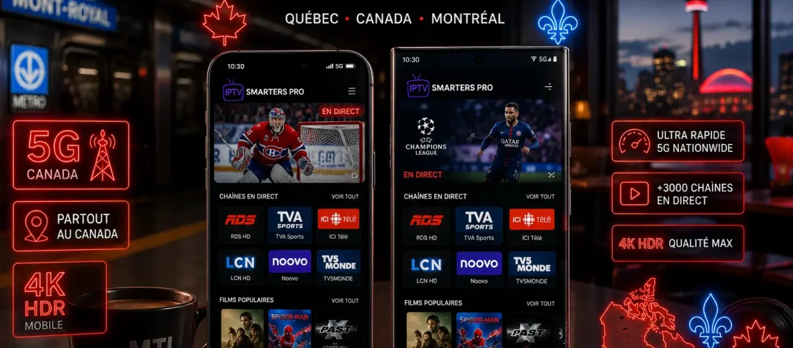 IPTV Mobile Canada 2026 - iPhone 16 Pro Max Samsung Galaxy S25 Ultra Smarters Pro streaming 5G 4K HDR application mobile Québec