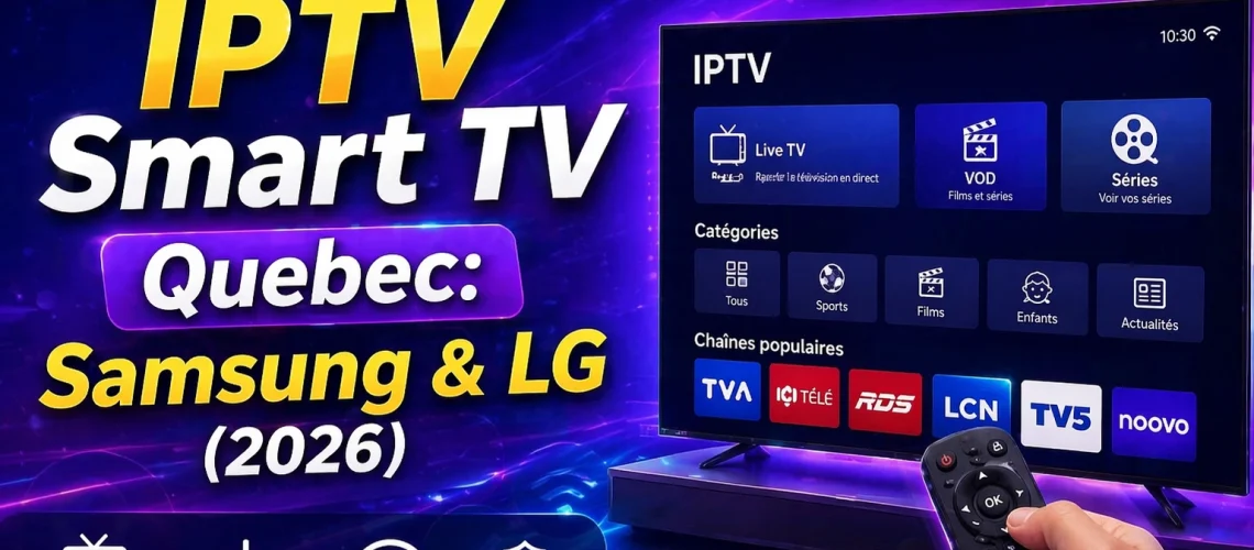 Installer IPTV Smart TV Quebec Samsung et LG — interface IPTV avec chaînes TVA, RDS, Noovo, ICI Télé en HD 2026