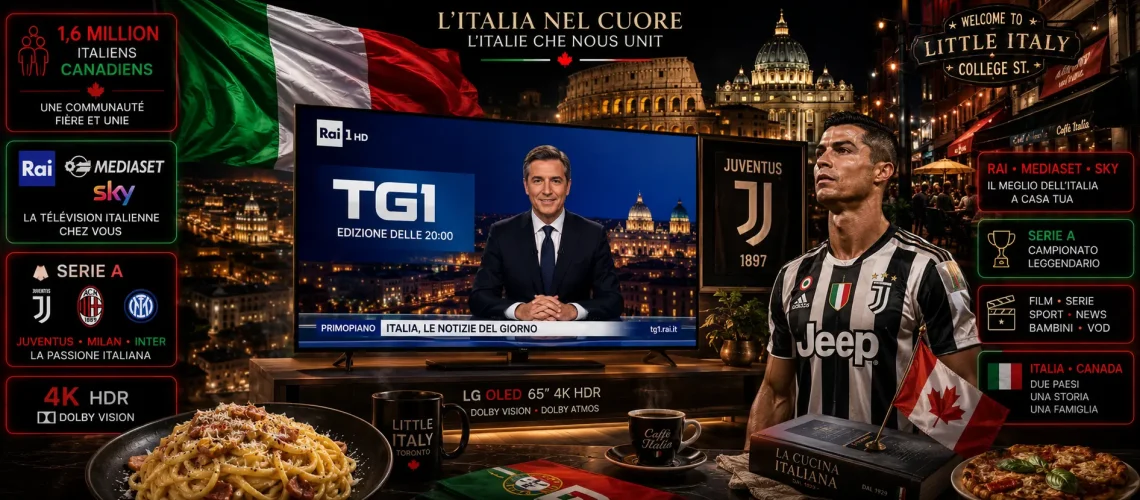 IPTV Italien Canada 2026 - Chaînes RAI Mediaset Sky Italia Serie A Juventus Milan Inter communauté Toronto Montréal Vancouver 1,6M diaspora 4K