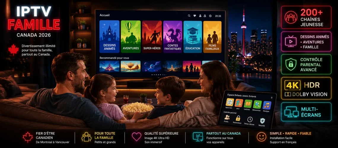 IPTV Enfants Canada 2026 - Disney Channel Cartoon Network Nickelodeon Yoopa VRAK PBS Kids contrôle parental famille jeunesse 4K HDR vacances été