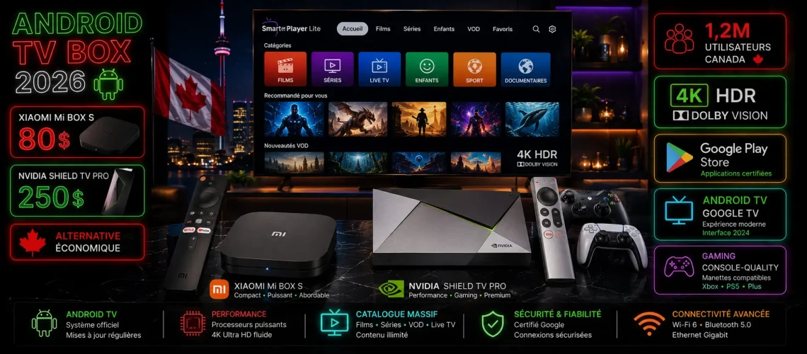 IPTV Android TV Box Canada 2026 - Xiaomi Mi Box S 80$ NVIDIA Shield TV Pro 250$ Smarters Player Lite 4K HDR Dolby Vision alternative économique