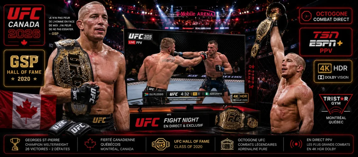 IPTV UFC Canada 2026 - MMA octogone combat Georges St-Pierre GSP Hall of Fame UFC 305 PPV TSN ESPN+ Tristar Gym Montréal québécois 4K HDR
