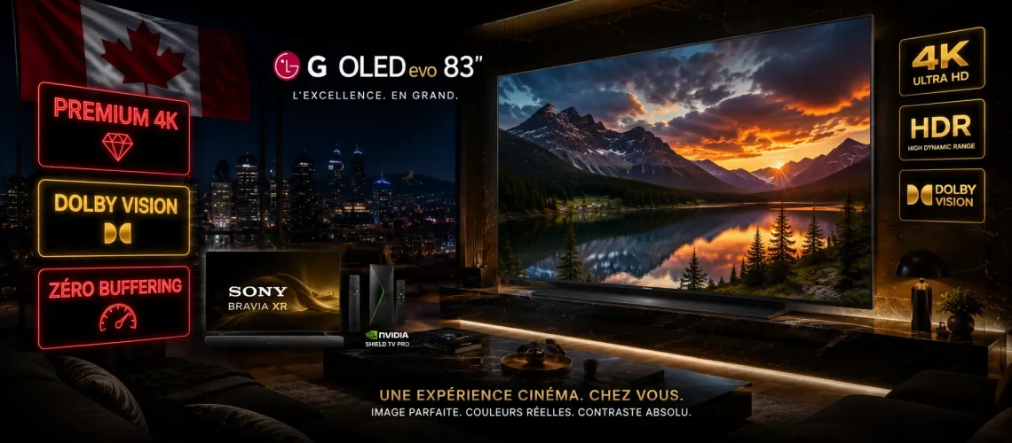 IPTV Premium 4K Canada 2026 - Service haut de gamme Dolby Vision HDR LG OLED Sony Bravia 15000 chaînes 50000 VOD zéro buffering support 24/7