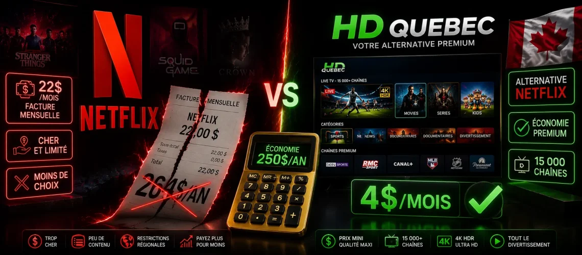 IPTV Netflix Alternative Canada 2026 - Remplacer Netflix Premium 22 dollars économie 250 dollars annuel 50 000 VOD streaming 4K HDR