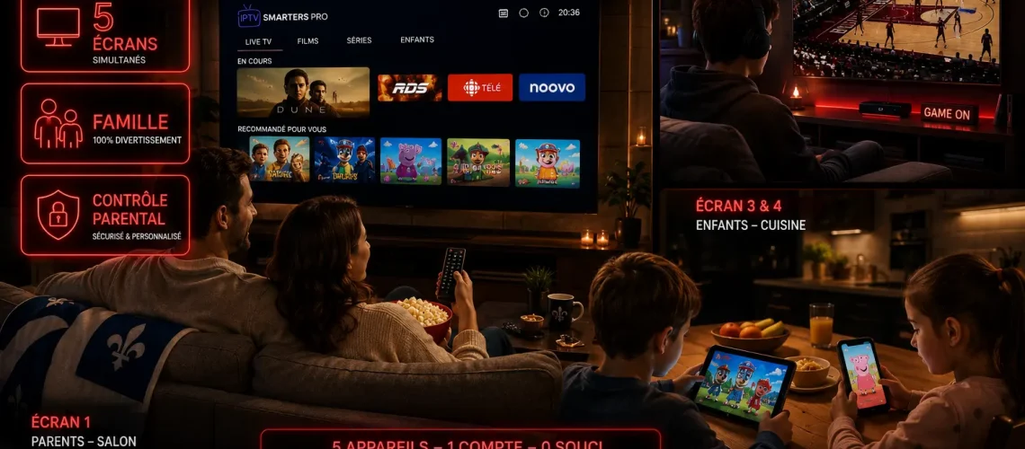 IPTV Famille Canada 2026 - 5 écrans simultanés contrôle parental Smart TV Firestick iPad iPhone famille québécoise multi-écrans 4K