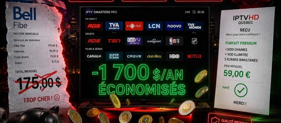 IPTV Pas Cher Canada 2026 - Forfait 59 euros 15 mois économie 1700$ vs Bell Vidéotron 15 000 chaînes 4K HDR rapport qualité-prix