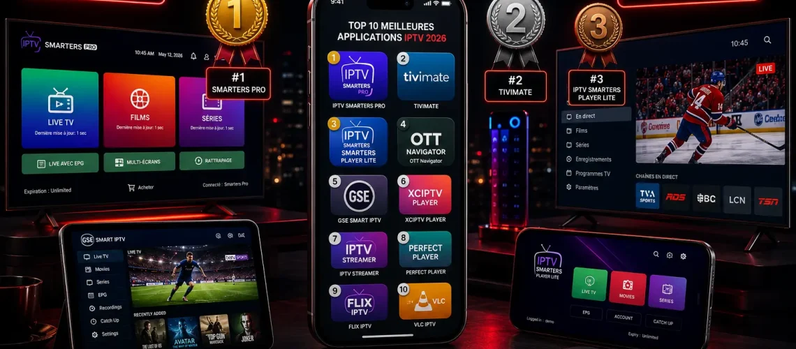 Meilleure Application IPTV 2026 - Top 10 apps Smarters Pro TiviMate GSE Android iOS Smart TV Firestick comparatif Canada Québec