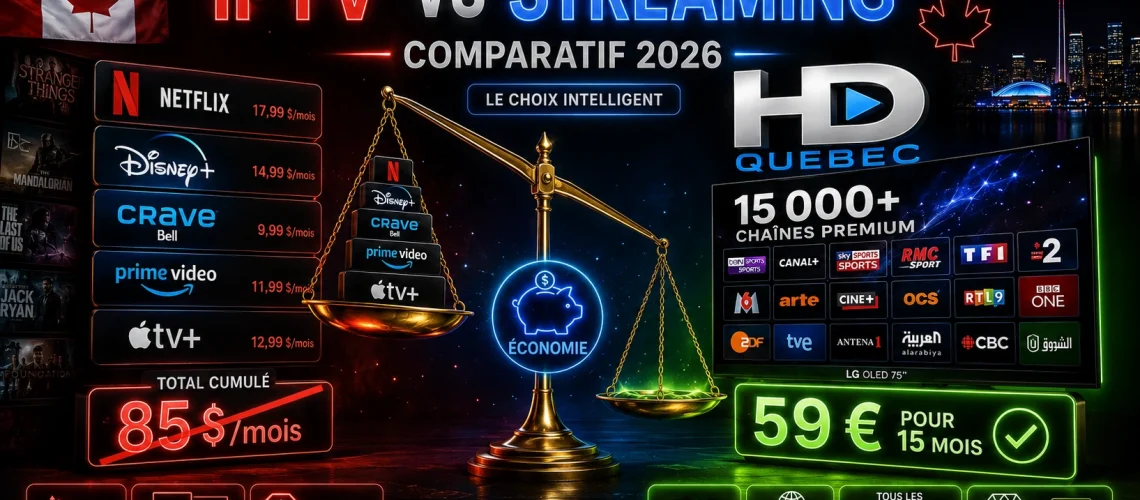 image idea titel IPTV vs Streaming Canada 2026 - Comparatif | HD Quebec Composition split-screen ultra-dynamique : à gauche logos streaming empilés (Netflix N rouge, Disney+ bleu, Crave Bell, Amazon Prime, Apple TV+) avec total cumulé "85 $/mois" en rouge barré. À droite logo HD Quebec massif avec téléviseur LG OLED 75 pouces affichant grille de 15 000 chaînes premium avec "59 € pour 15 mois" en néon vert. Balance dorée au centre indiquant déséquilibre flagrant en faveur IPTV. Hologrammes "IPTV vs STREAMING", "COMPARATIF 2026", "ÉCONOMIE" en néon rouge #E50914 et bleu électrique #0080FF. Drapeau du Canada feuille d'érable. Ambiance débat tech premium dark luxe. Fond noir cinéma #0A0A0F. Style 4K cinématographique.
