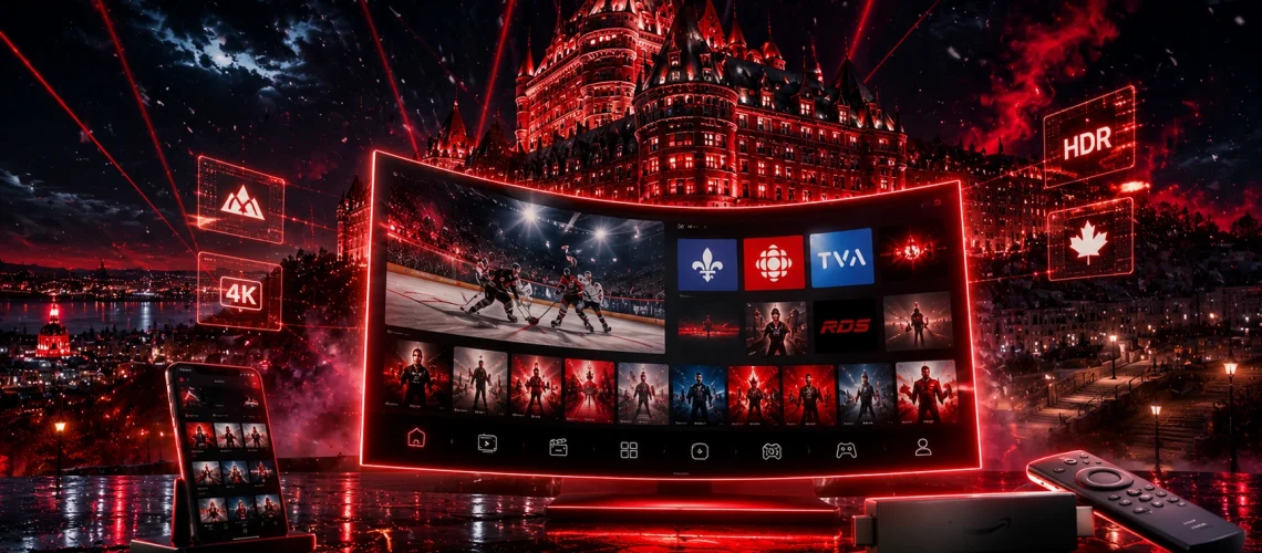 IPTV Québec Ville 2026 - Service premium ultime pour la Capitale-Nationale avec Château Frontenac illuminé en rouge et écran 4K UHD Smart TV