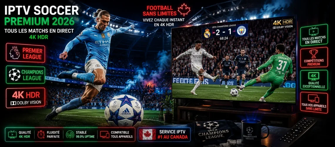 IPTV Soccer Premium 2026 avec match Champions League en 4K HDR Dolby Vision sur téléviseur LG OLED et stade européen rempli de supporters