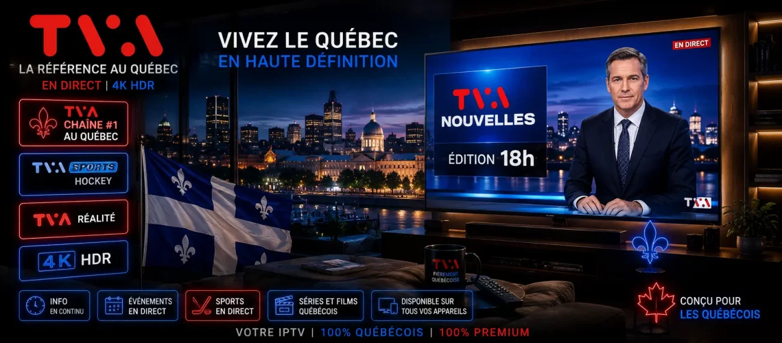 TVA Nouvelles en direct sur téléviseur LG OLED 4K HDR dans un salon montréalais premium avec drapeau du Québec